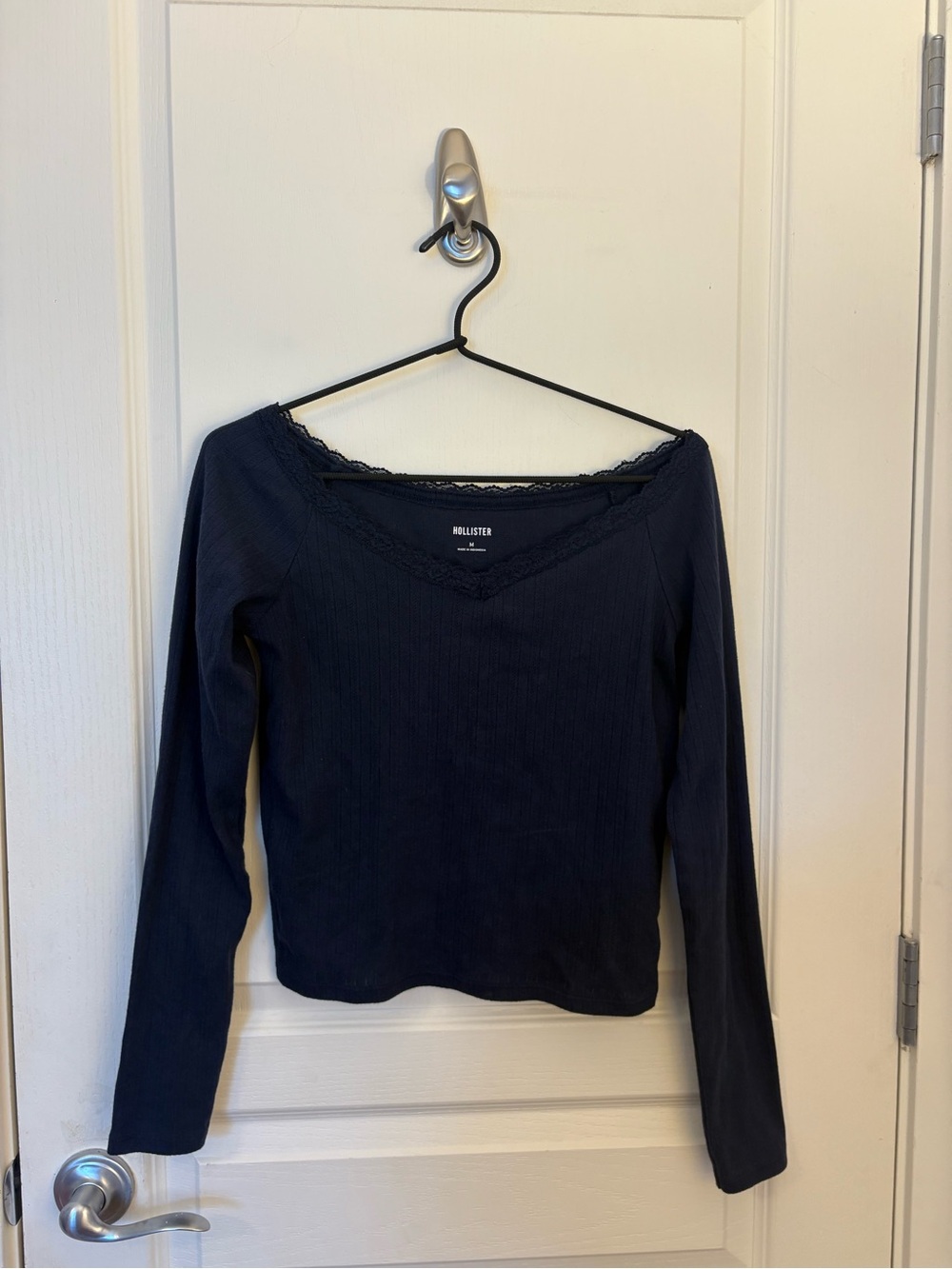 Hollister Navy Ribbed Long-Sleeve Top with Lace Trim
